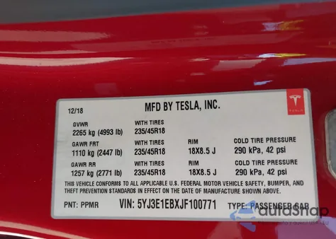 2018 Tesla Model 3 Long Range/Performance from USA, damaged, VIN 5YJ3E1EBXJF100771